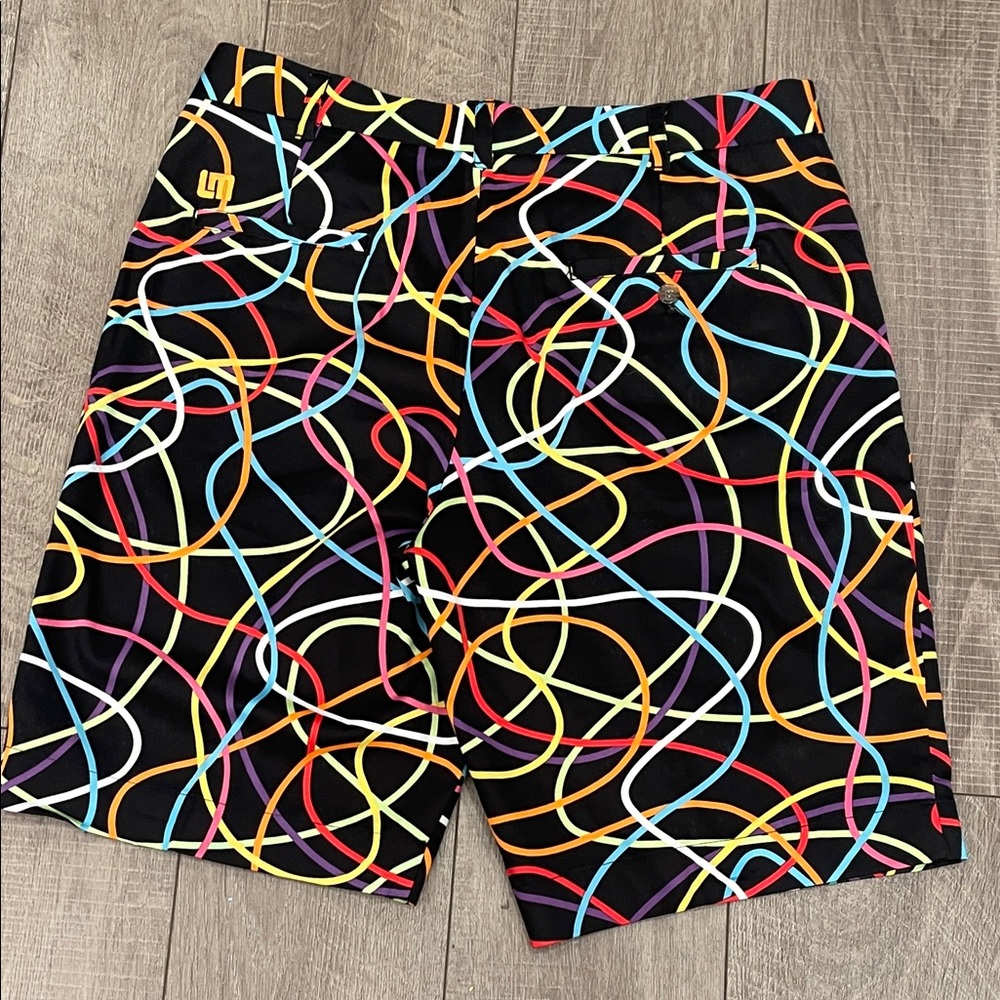 Loudmouth Black Shorts with Vibrant Scribble Bermuda Swirl Gold Shorts Size 36 - Picture 7 of 10